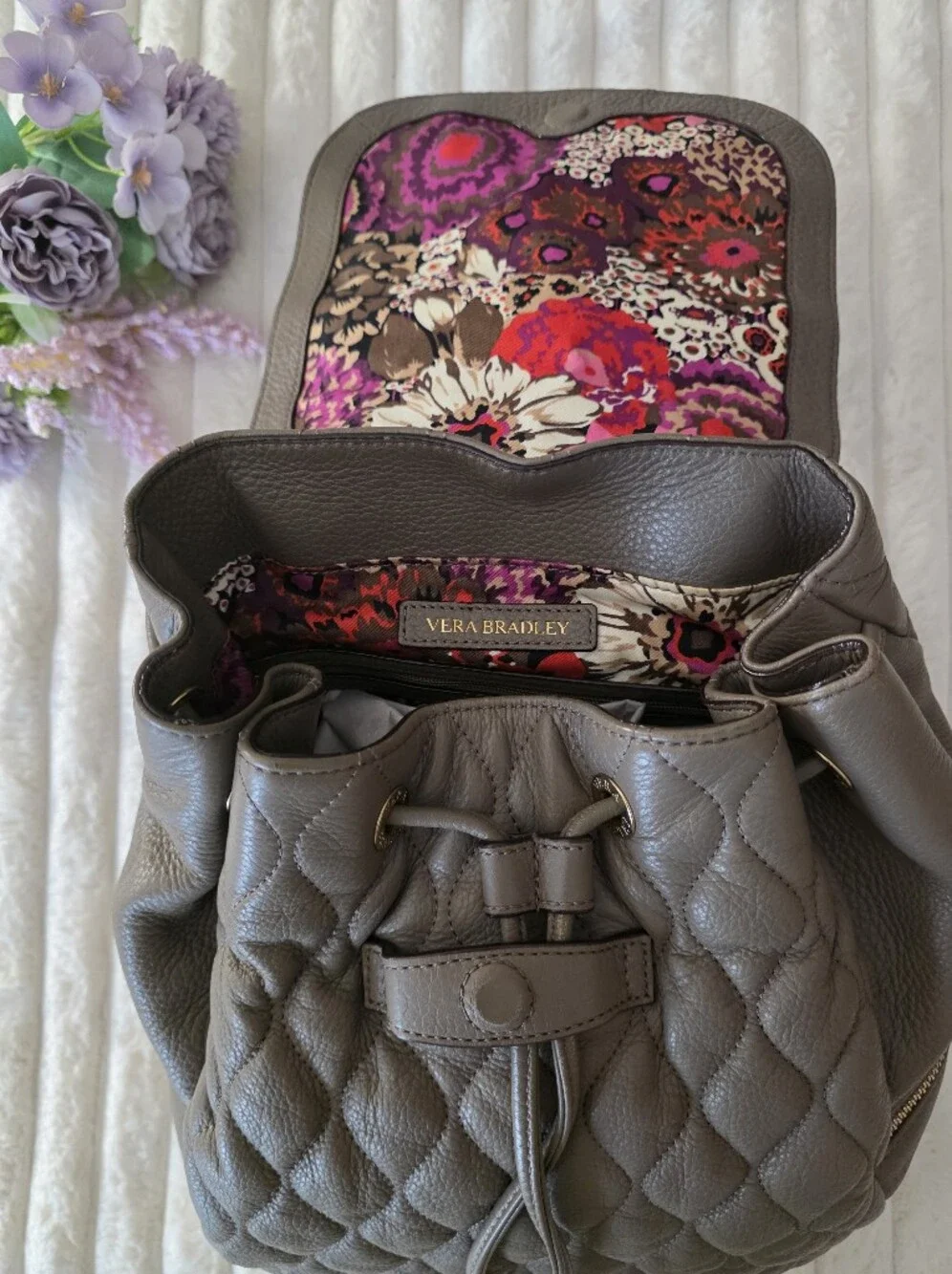 Vera Bradley Leather Quilted Gray Women’s Backpack Purse